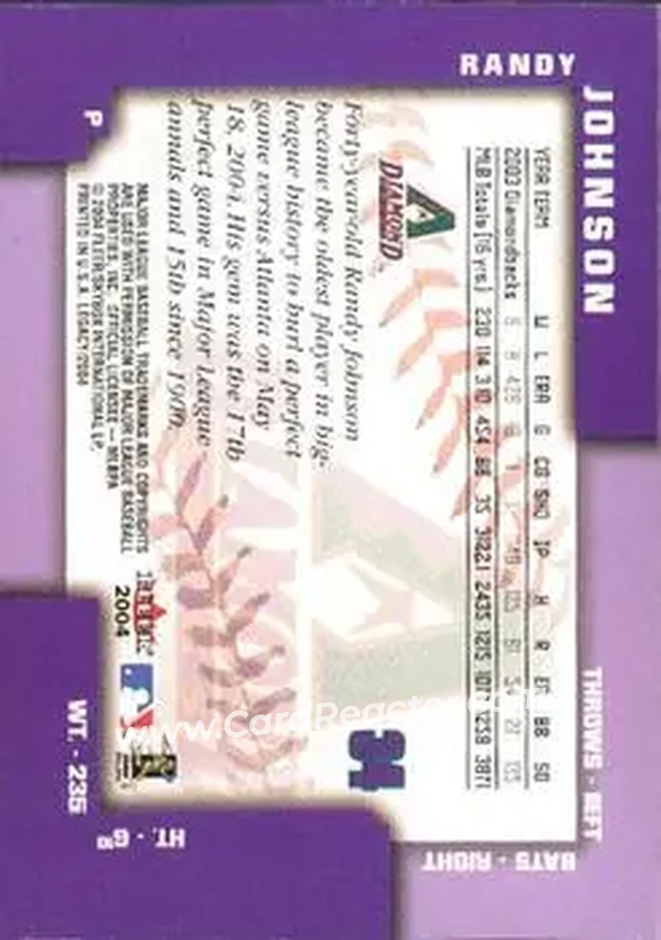 2004 Fleer Legacy #34 - Randy Johnson - Arizona Diamondbacks - Back