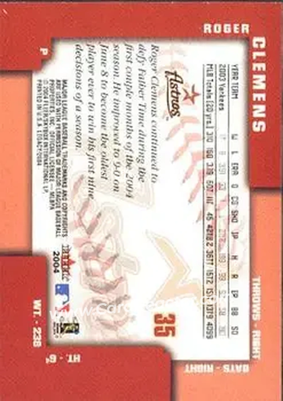 2004 Fleer Legacy #35 - Roger Clemens - Houston Astros - Back