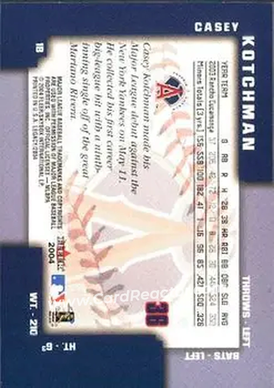 2004 Fleer Legacy #36 - Casey Kotchman - Anaheim Angels - Back