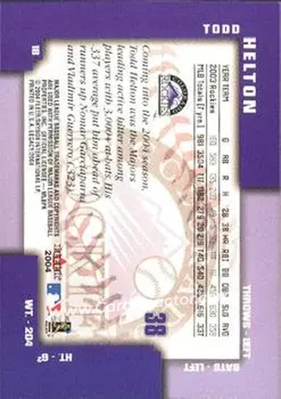 2004 Fleer Legacy #38 - Todd Helton - Colorado Rockies - Back 2004 Fleer Legacy #38 - Todd Helton - Colorado Rockies - Back
