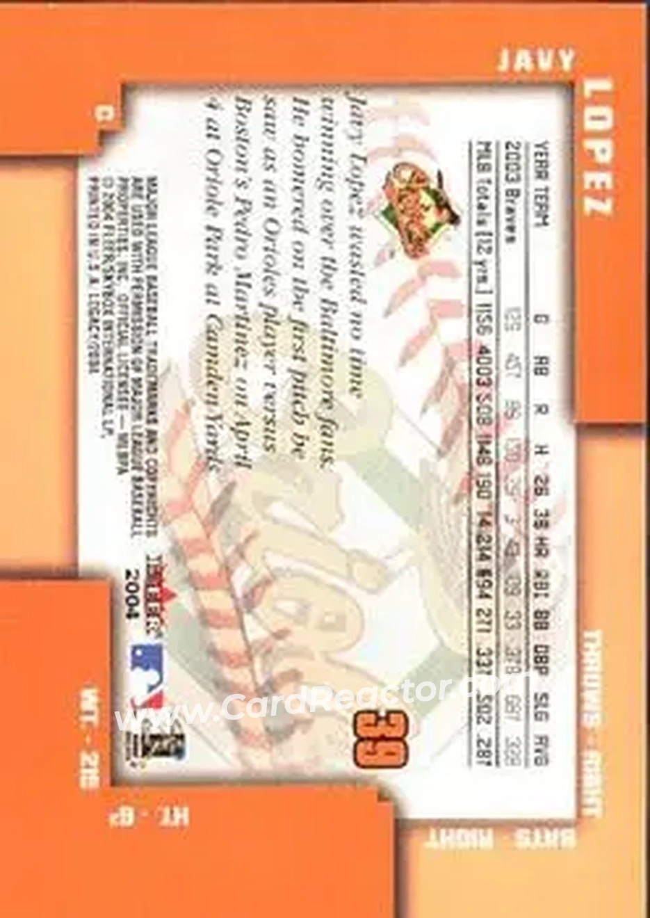 2004 Fleer Legacy #39 - Javier Lopez - Baltimore Orioles - Back
