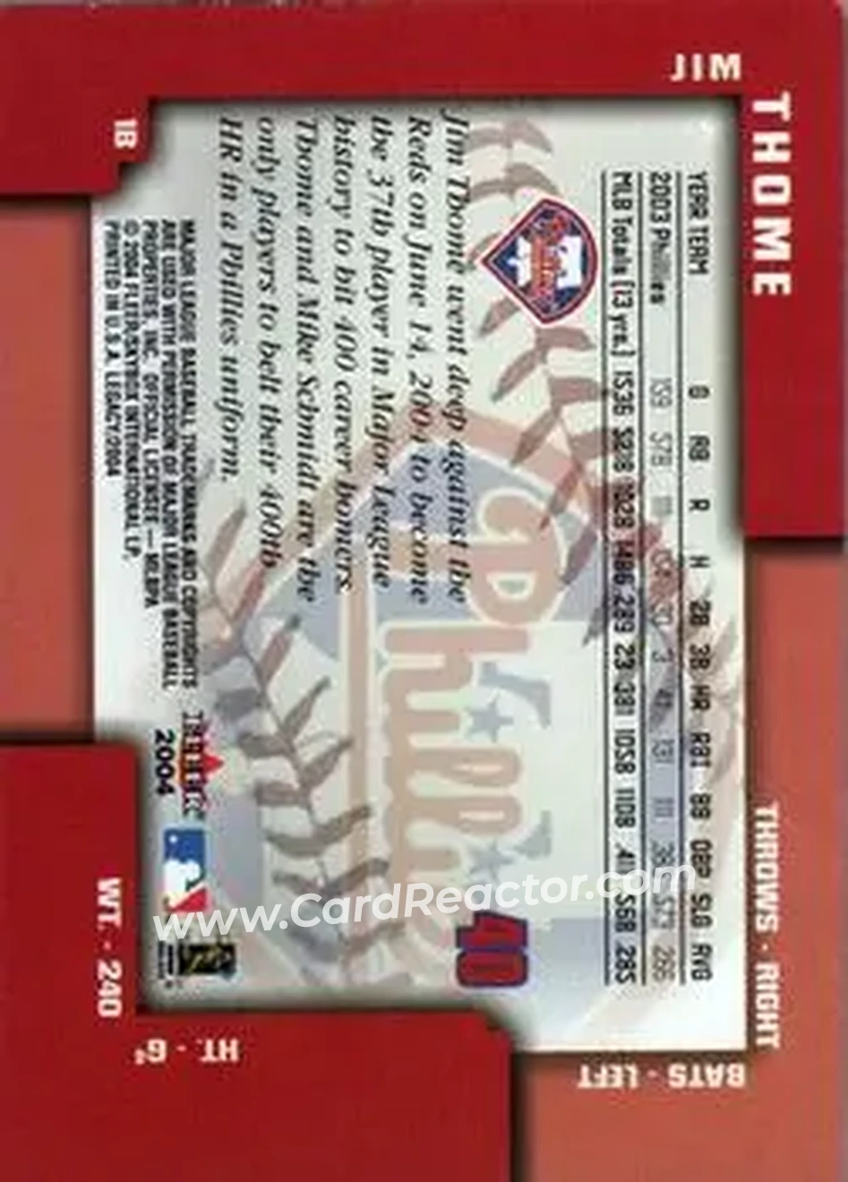 2004 Fleer Legacy #40 - Jim Thome - Philadelphia Phillies - Back