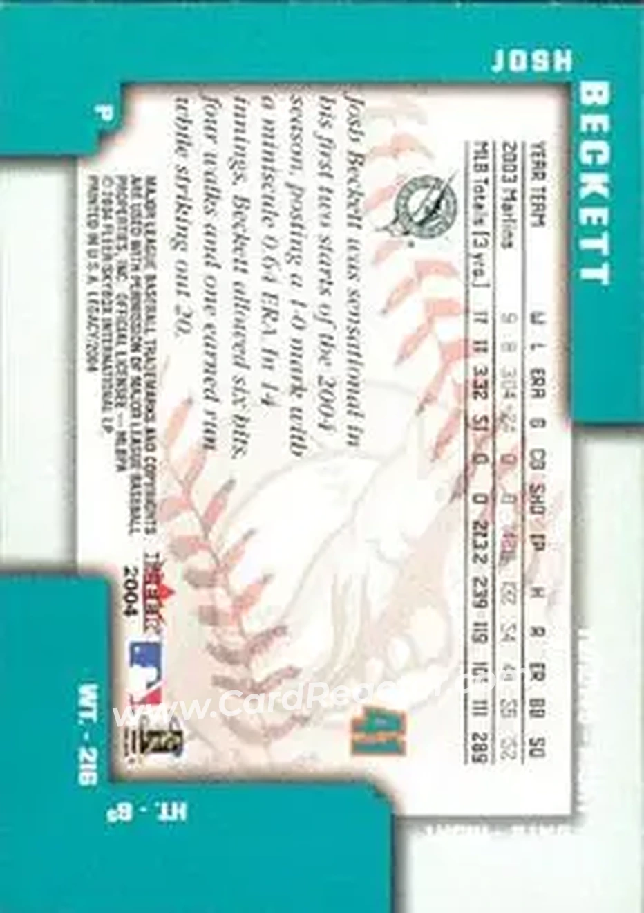 2004 Fleer Legacy #41 - Josh Beckett - Florida Marlins - Back 2004 Fleer Legacy #41 - Josh Beckett - Florida Marlins - Back