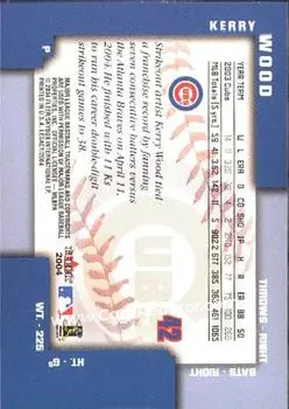 2004 Fleer Legacy #42 - Kerry Wood - Chicago Cubs - Back 2004 Fleer Legacy #42 - Kerry Wood - Chicago Cubs - Back