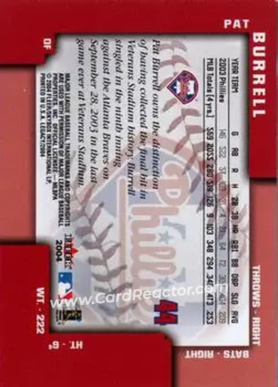 2004 Fleer Legacy #44 - Pat Burrell - Philadelphia Phillies - Back