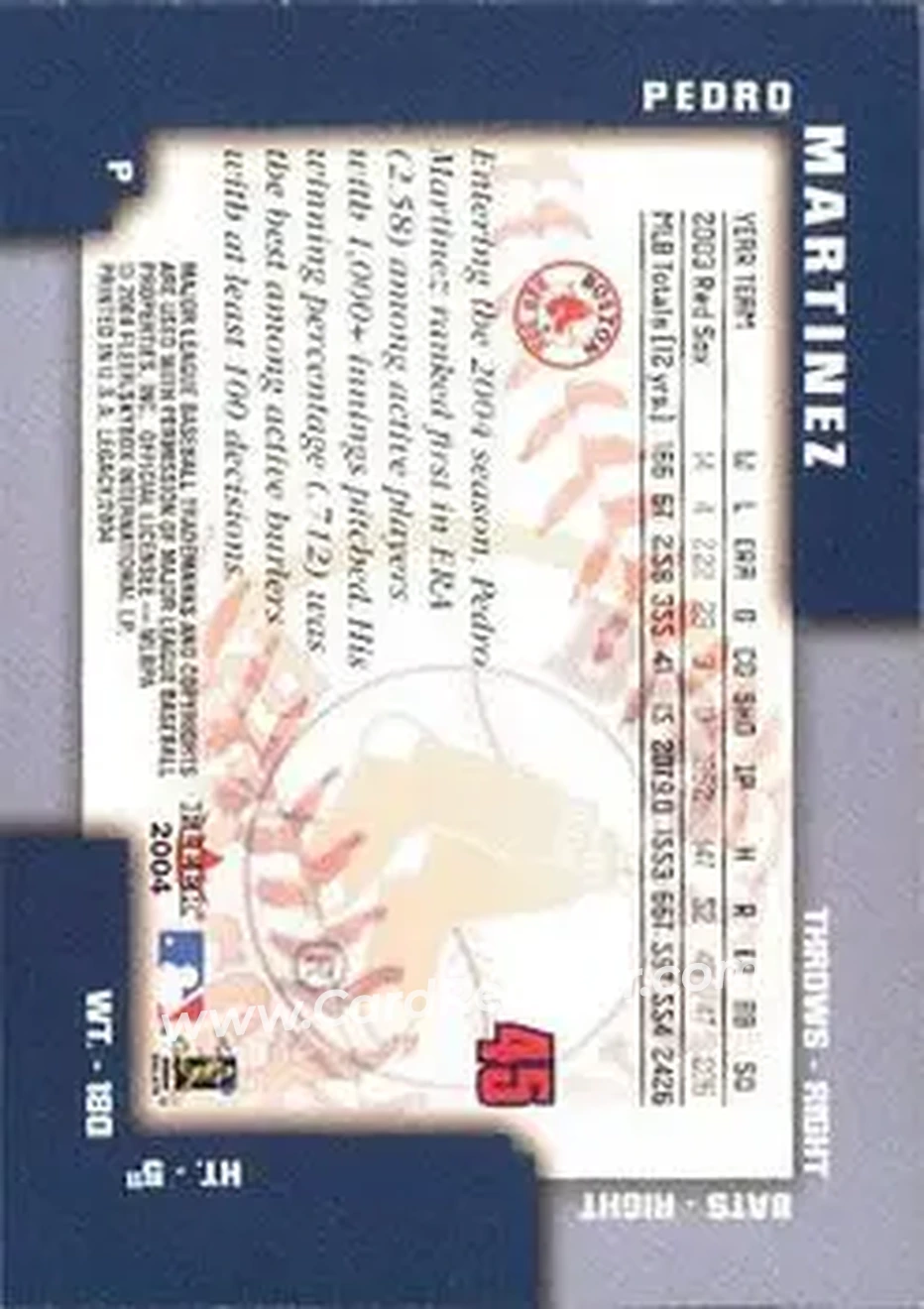 2004 Fleer Legacy #45 - Pedro Martinez - Boston Red Sox - Back