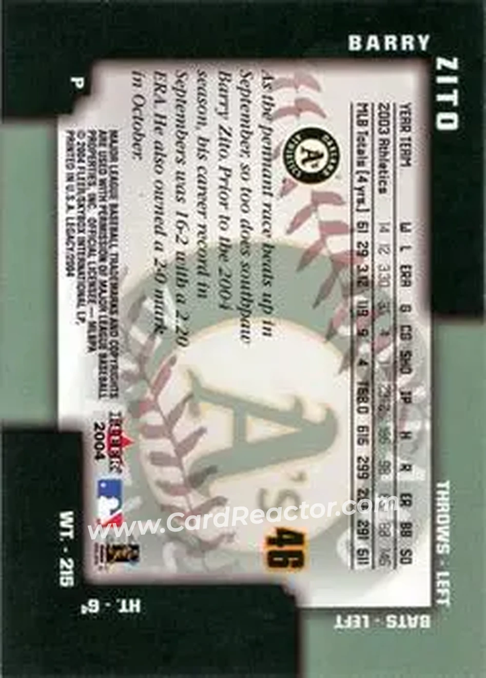 2004 Fleer Legacy #46 - Barry Zito - Oakland Athletics - Back