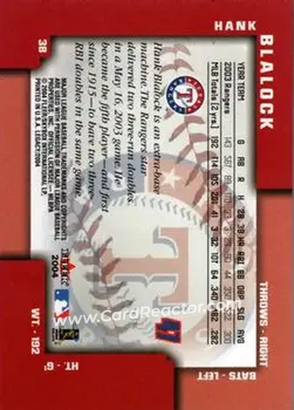 2004 Fleer Legacy #47 - Hank Blalock - Texas Rangers - Back
