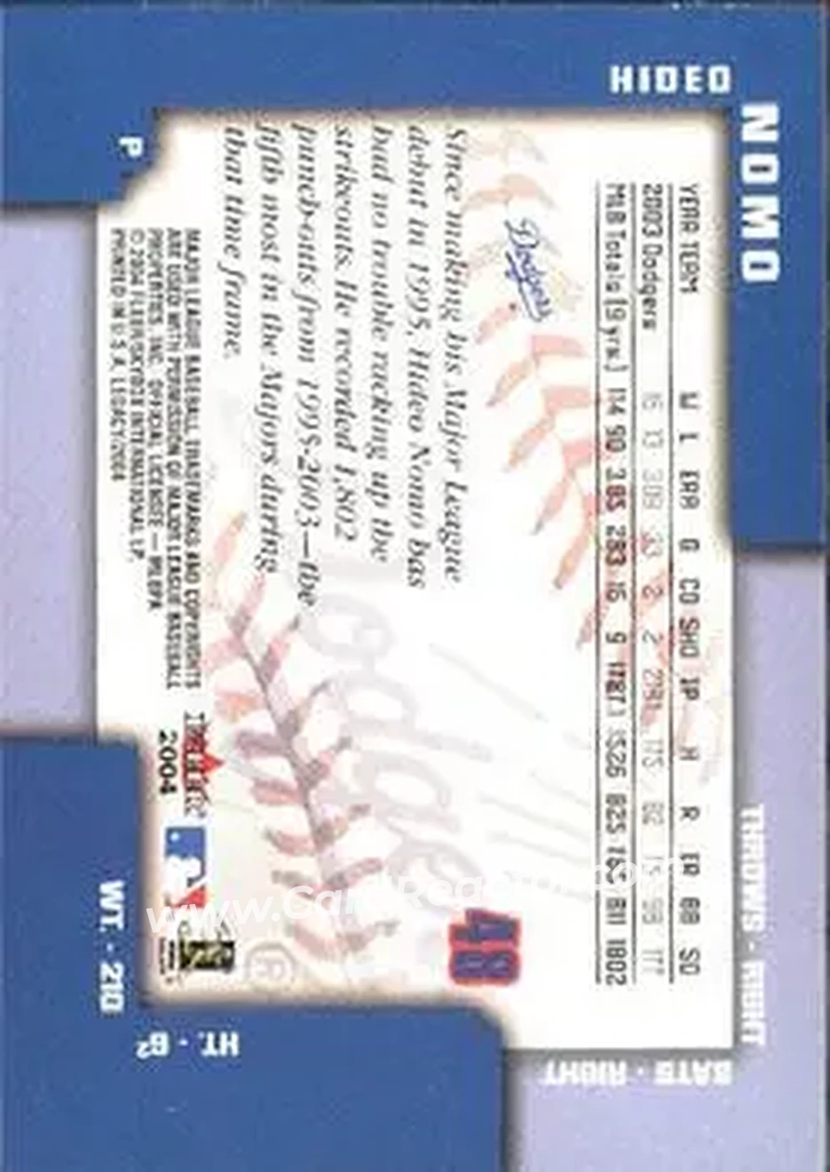 2004 Fleer Legacy #48 - Hideo Nomo - Los Angeles Dodgers - Back 2004 Fleer Legacy #48 - Hideo Nomo - Los Angeles Dodgers - Back