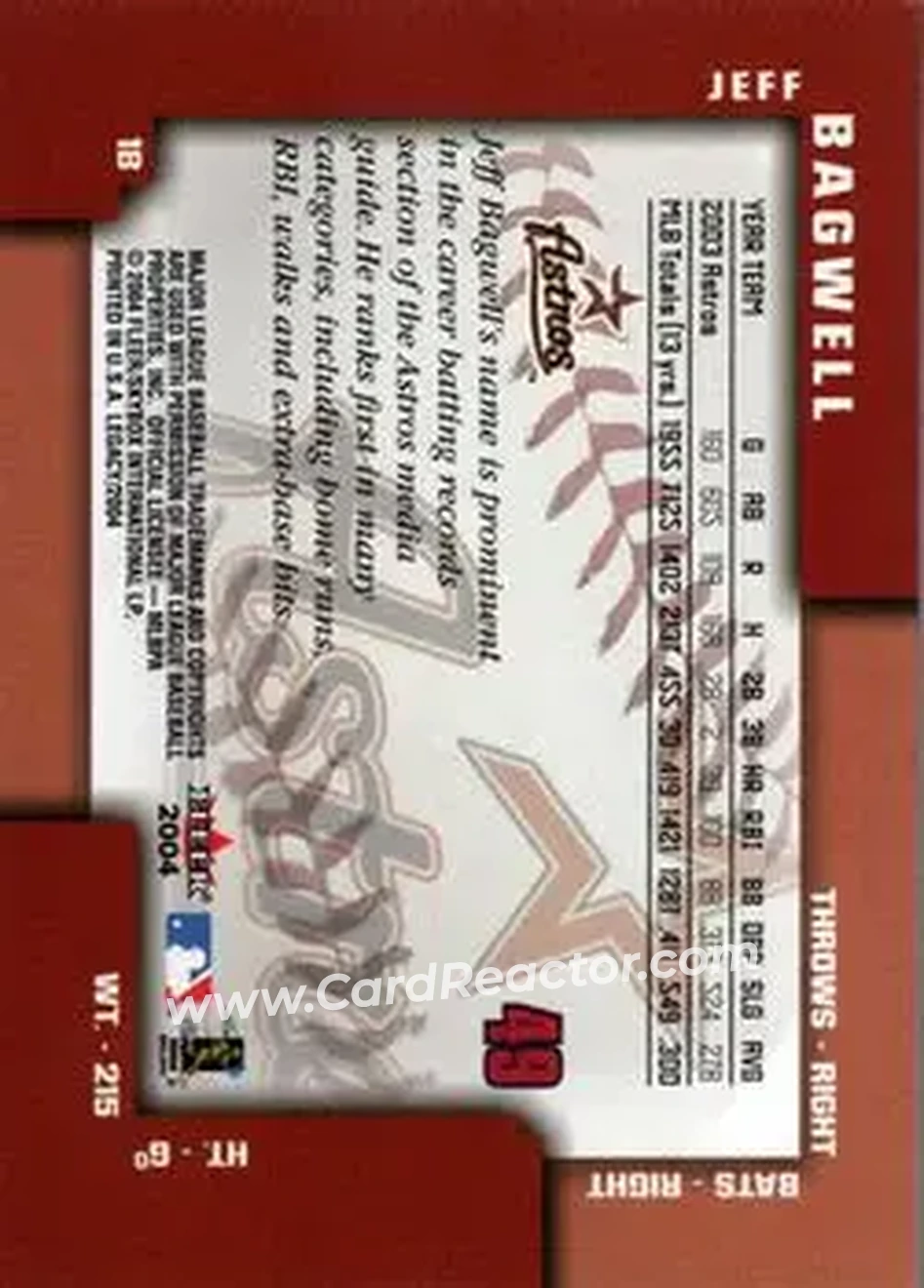 2004 Fleer Legacy #49 - Jeff Bagwell - Houston Astros - Back