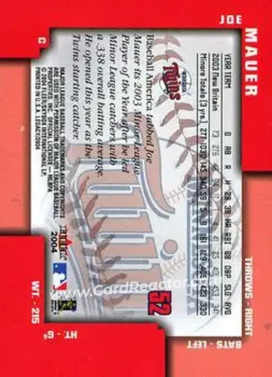 2004 Fleer Legacy #52 - Joe Mauer - Minnesota Twins - Back