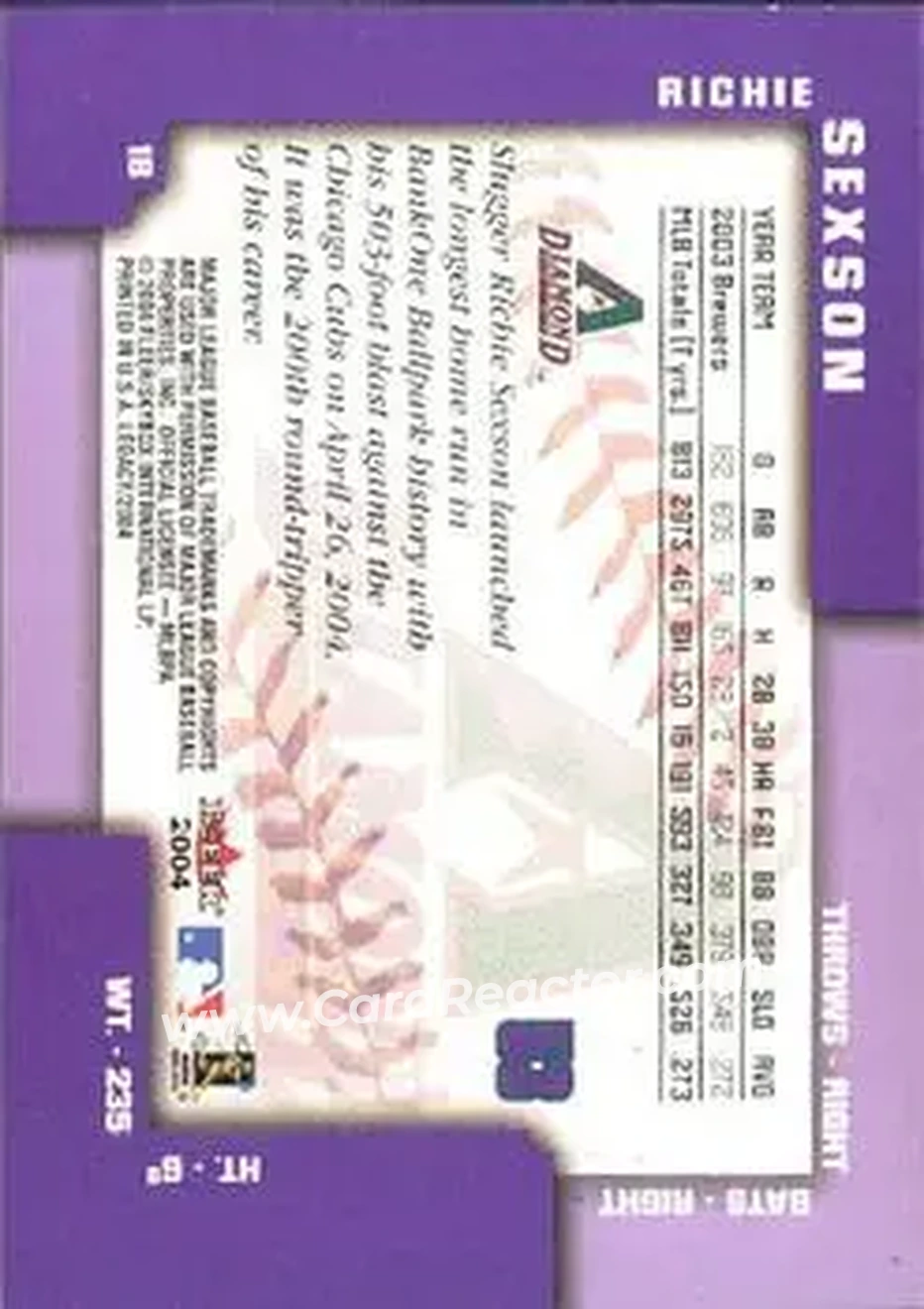 2004 Fleer Legacy #53 - Richie Sexson - Arizona Diamondbacks - Back