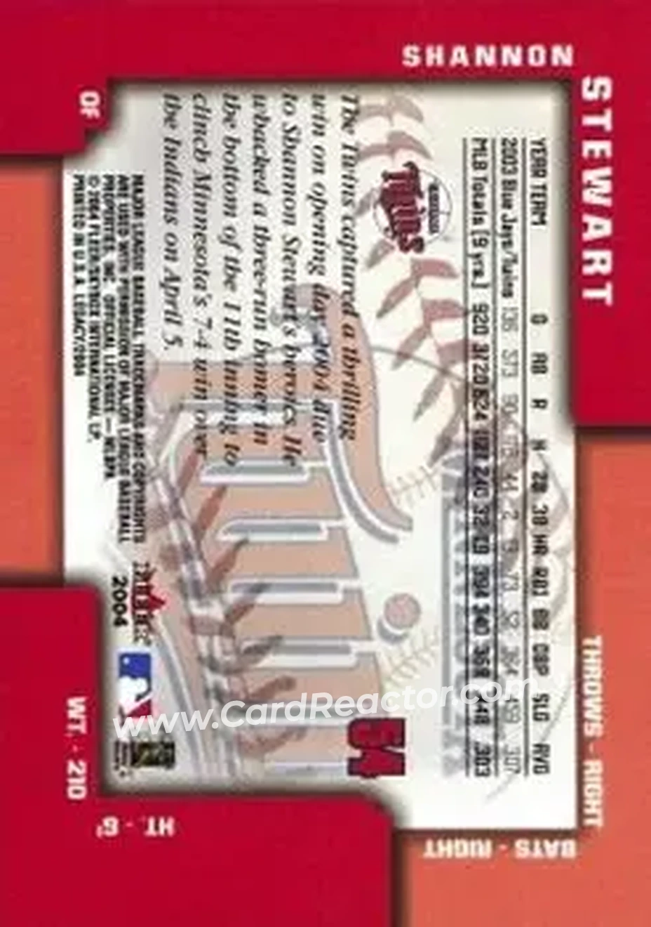 2004 Fleer Legacy #54 - Shannon Stewart - Minnesota Twins - Back