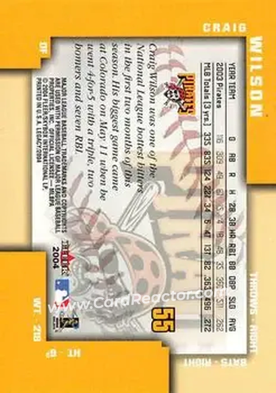 2004 Fleer Legacy #55 - Craig Wilson - Pittsburgh Pirates - Back 2004 Fleer Legacy #55 - Craig Wilson - Pittsburgh Pirates - Back
