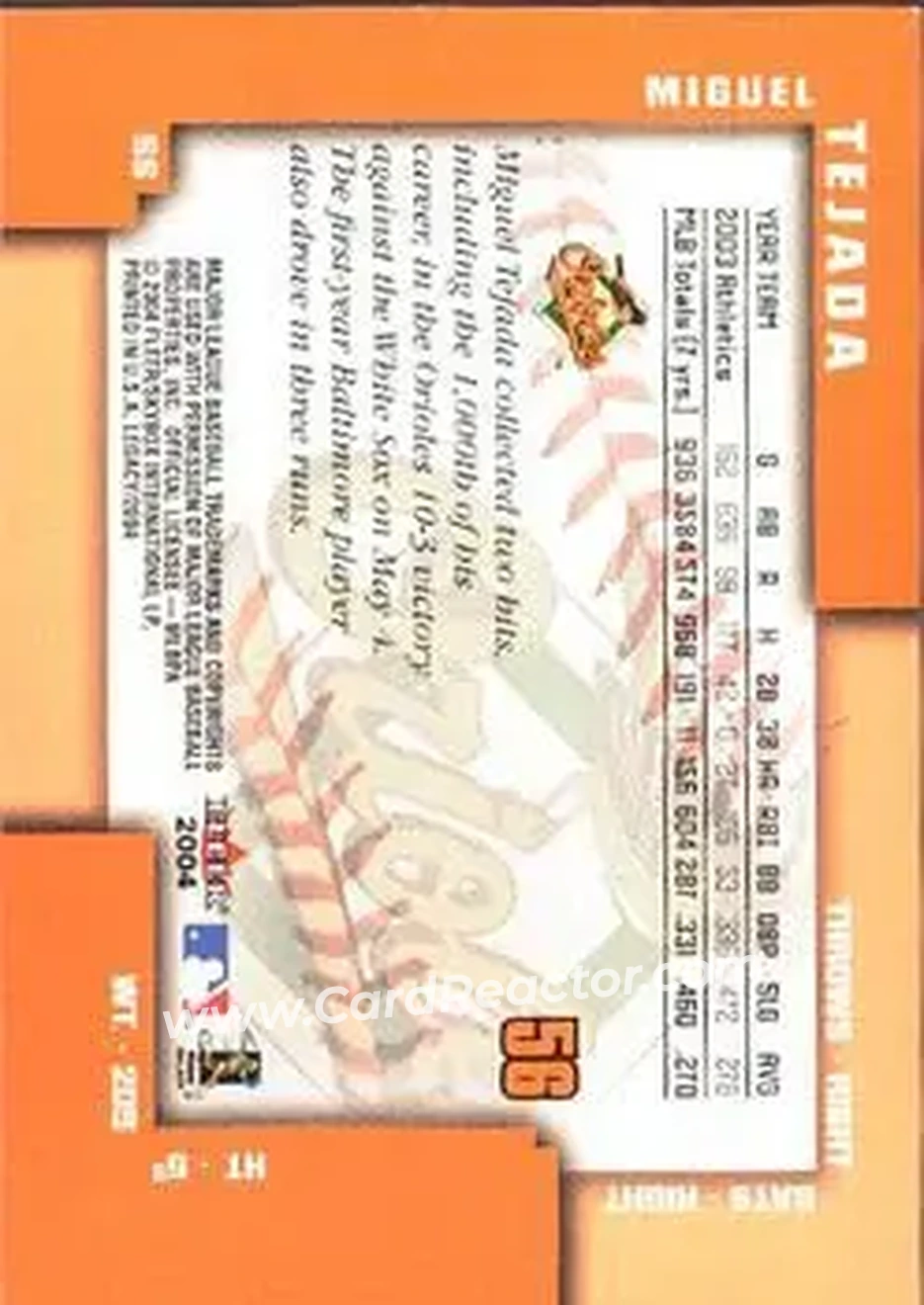 2004 Fleer Legacy #56 - Miguel Tejada - Baltimore Orioles - Back