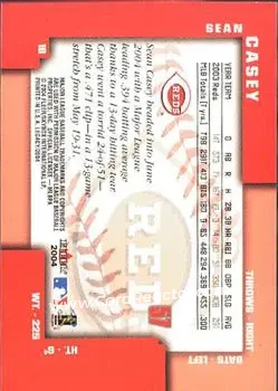 2004 Fleer Legacy #57 - Sean Casey - Cincinnati Reds - Back
