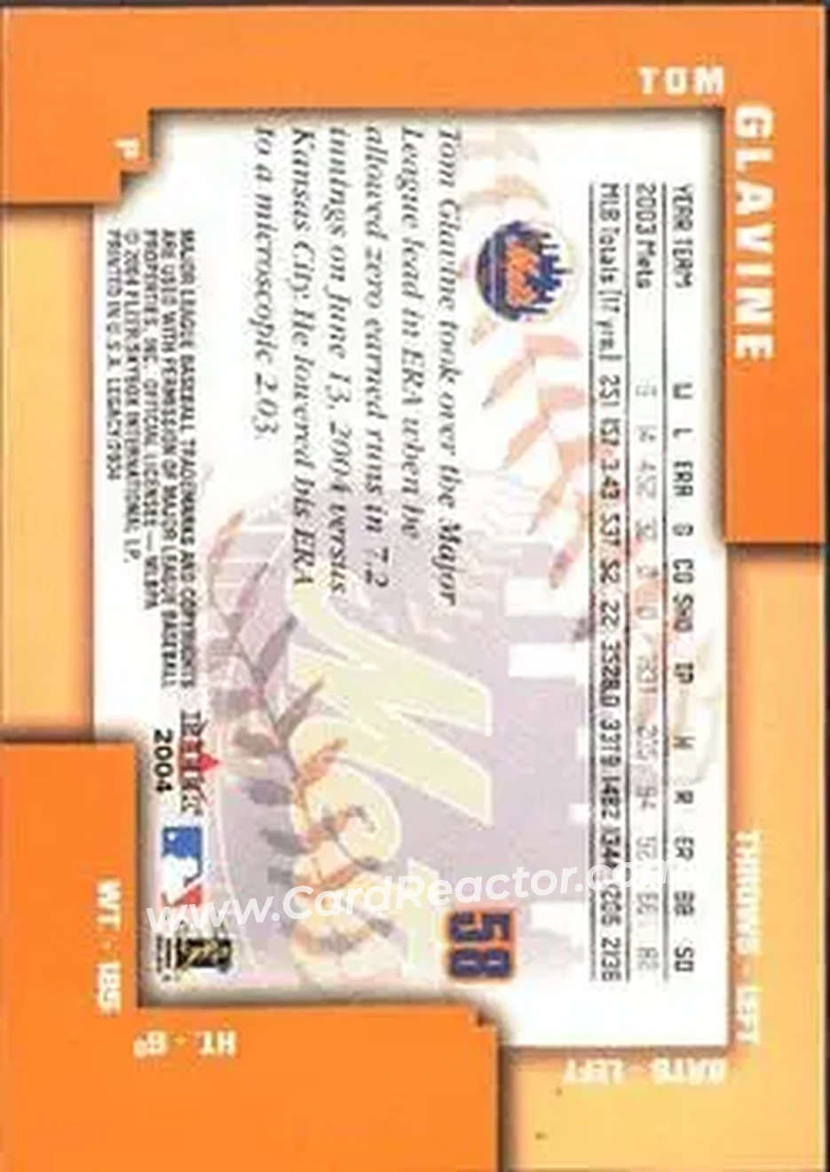 2004 Fleer Legacy #58 - Tom Glavine - New York Mets - Back