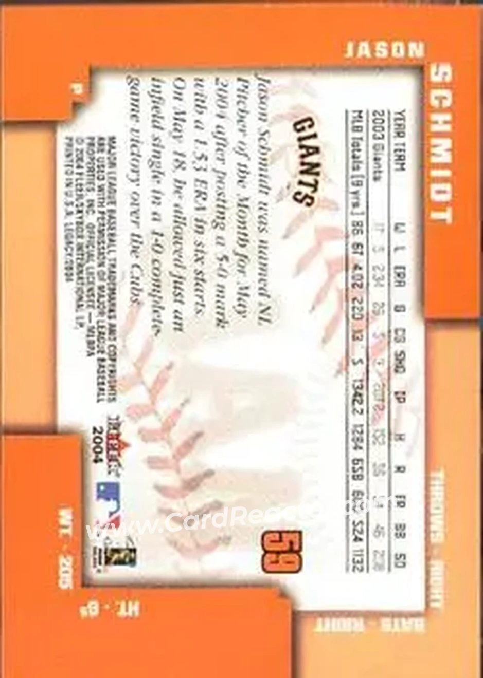 2004 Fleer Legacy #59 - Jason Schmidt - San Francisco Giants - Back