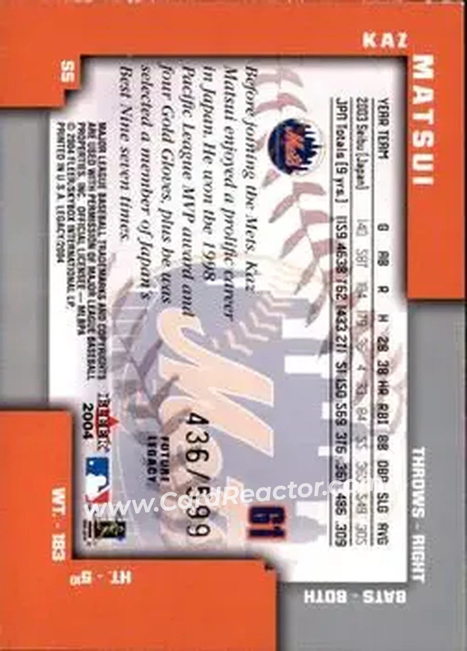 2004 Fleer Legacy #61 - Kazuo Matsui - New York Mets - Back 2004 Fleer Legacy #61 - Kazuo Matsui - New York Mets - Back