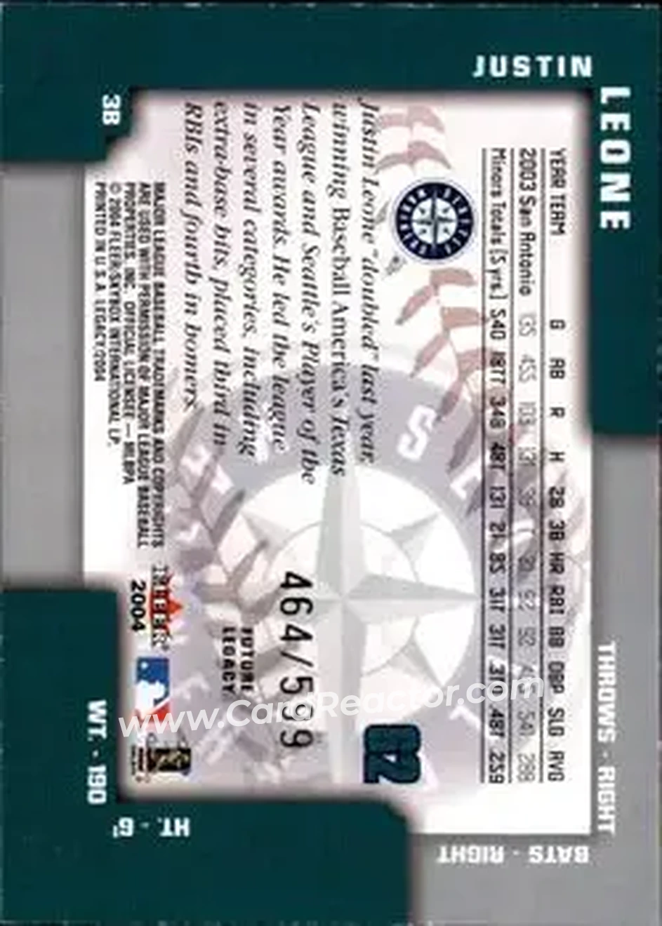2004 Fleer Legacy #62 - Justin Leone - Seattle Mariners - Back