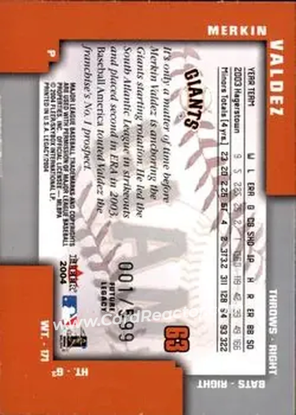 2004 Fleer Legacy #63 - Merkin Valdez - San Francisco Giants - Back 2004 Fleer Legacy #63 - Merkin Valdez - San Francisco Giants - Back