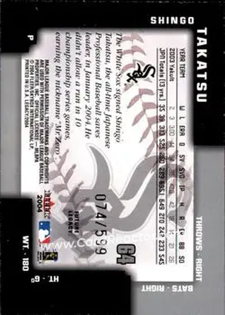 2004 Fleer Legacy #64 - Shingo Takatsu - Chicago White Sox - Back 2004 Fleer Legacy #64 - Shingo Takatsu - Chicago White Sox - Back
