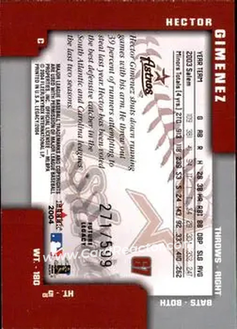 2004 Fleer Legacy #67 - Hector Gimenez - Houston Astros - Back