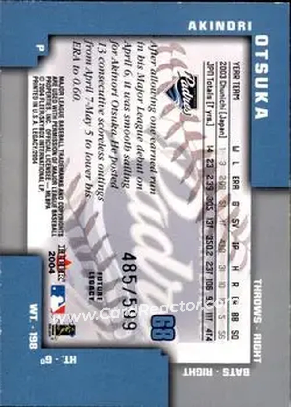 2004 Fleer Legacy #68 - Akinori Otsuka - San Diego Padres - Back