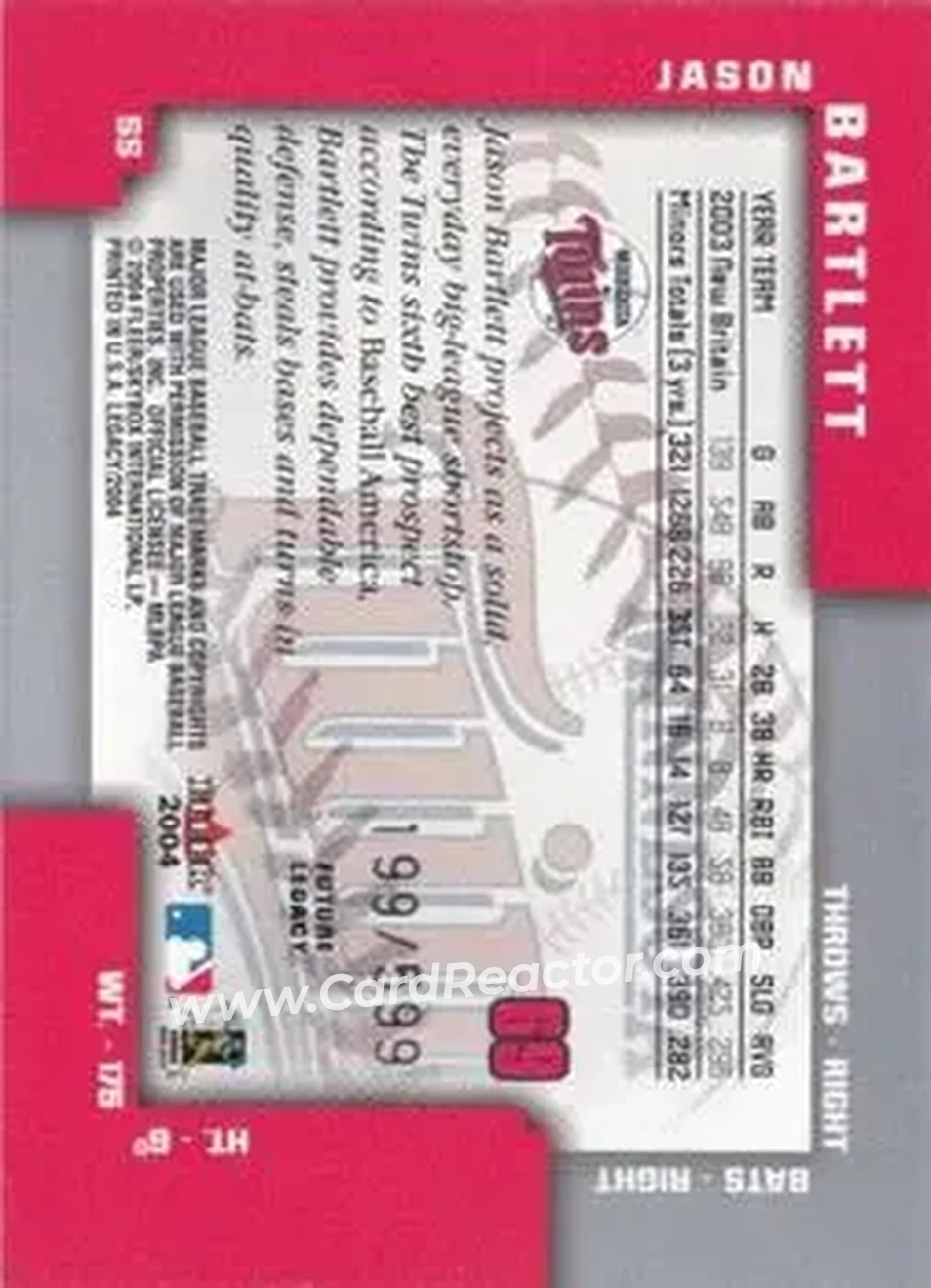 2004 Fleer Legacy #69 - Jason Bartlett - Minnesota Twins - Back