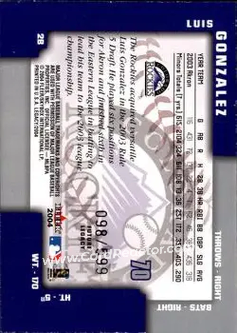 2004 Fleer Legacy #70 - Luis Gonzalez - Colorado Rockies - Back