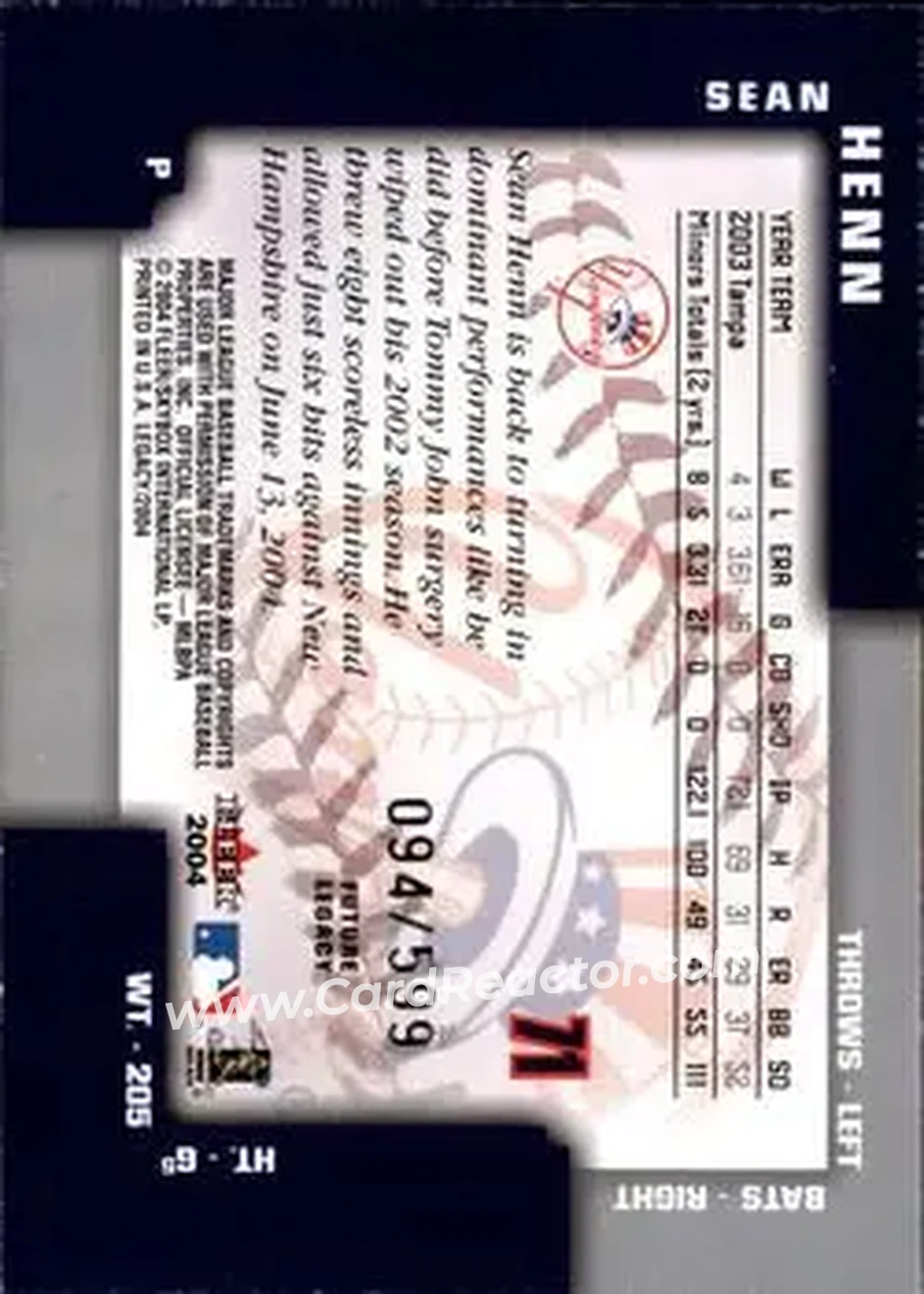 2004 Fleer Legacy #71 - Sean Henn - New York Yankees - Back