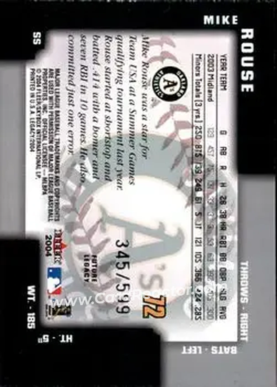 2004 Fleer Legacy #72 - Mike Rouse - Oakland Athletics - Back