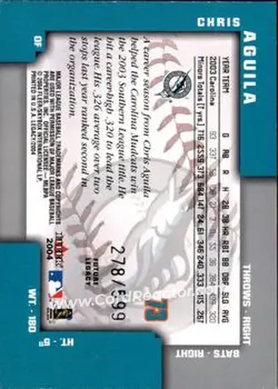 2004 Fleer Legacy #73 - Chris Aguila - Florida Marlins - Back