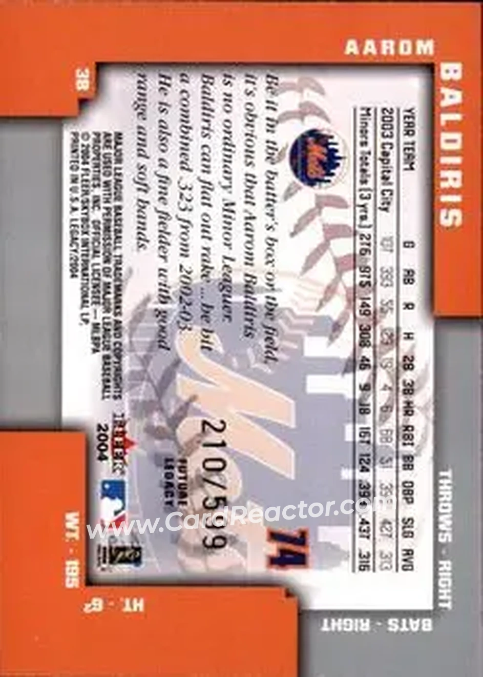 2004 Fleer Legacy #74 - Aarom Baldiris - New York Mets - Back