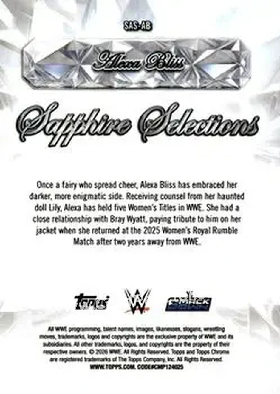 2026 Topps Chrome Sapphire Edition WWE - Sapphire Selections #SAS-AB - Alexa Bliss - Back