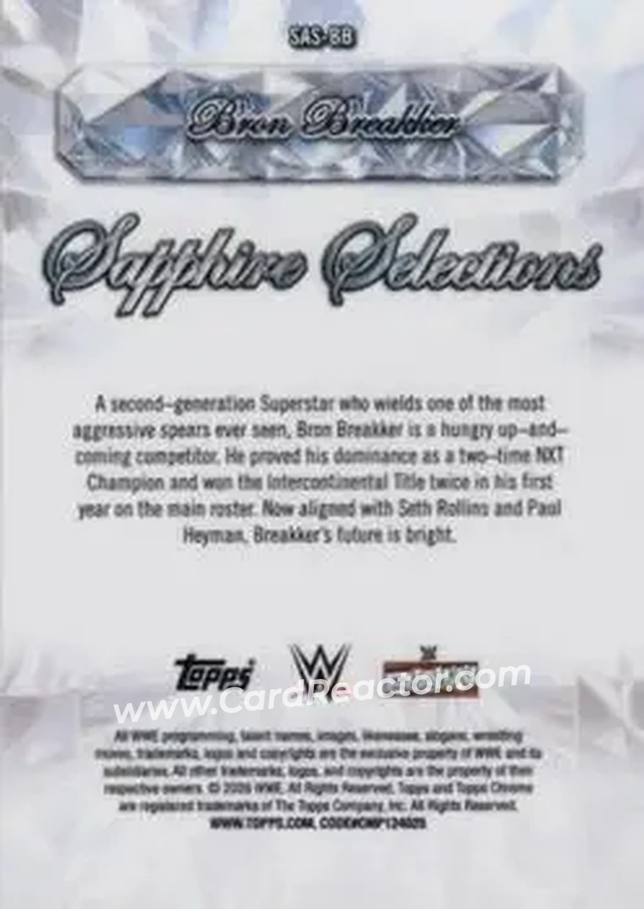 2026 Topps Chrome Sapphire Edition WWE - Sapphire Selections #SAS-BB - Bron Breakker - Back