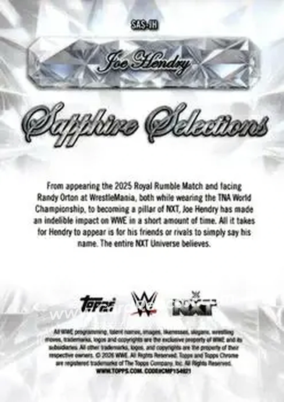 2026 Topps Chrome Sapphire Edition WWE - Sapphire Selections #SAS-JH - Joe Hendry - Back