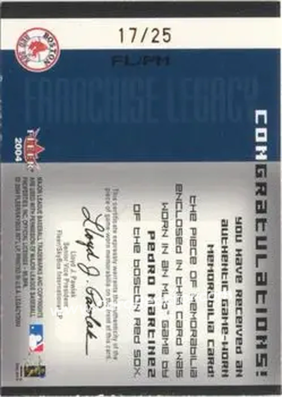 2004 Fleer Legacy - Franchise Patch 25 #FL/PM - Pedro Martinez - Boston Red Sox - Back