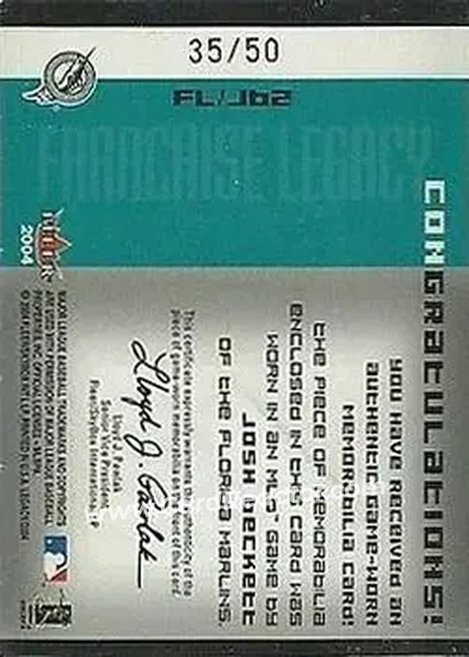 2004 Fleer Legacy - Franchise Patch 50 #FL/JBE - Josh Beckett - Florida Marlins - Back