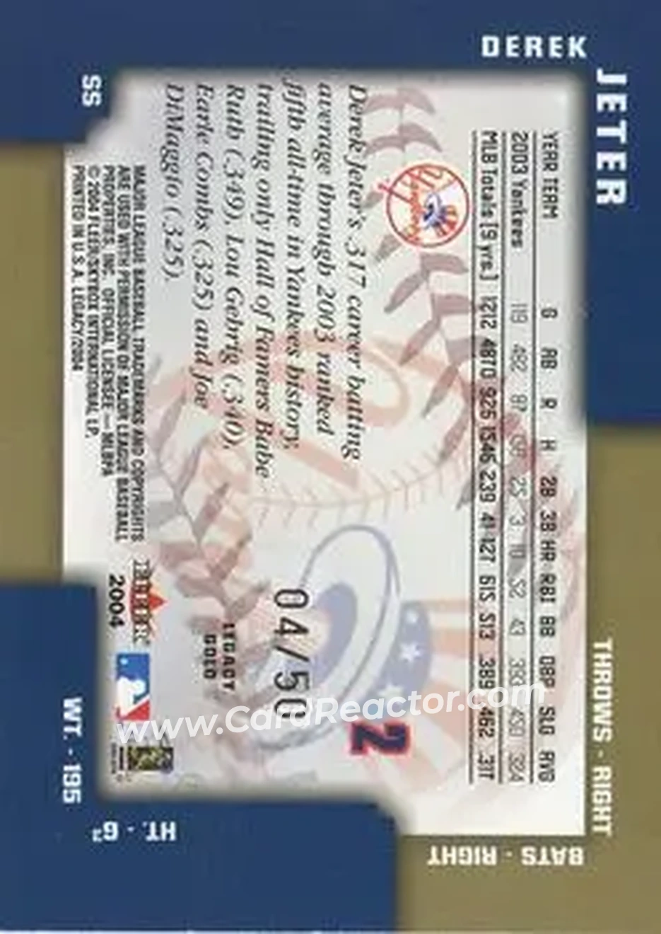 2004 Fleer Legacy - Gold #2 - Derek Jeter - New York Yankees - Back