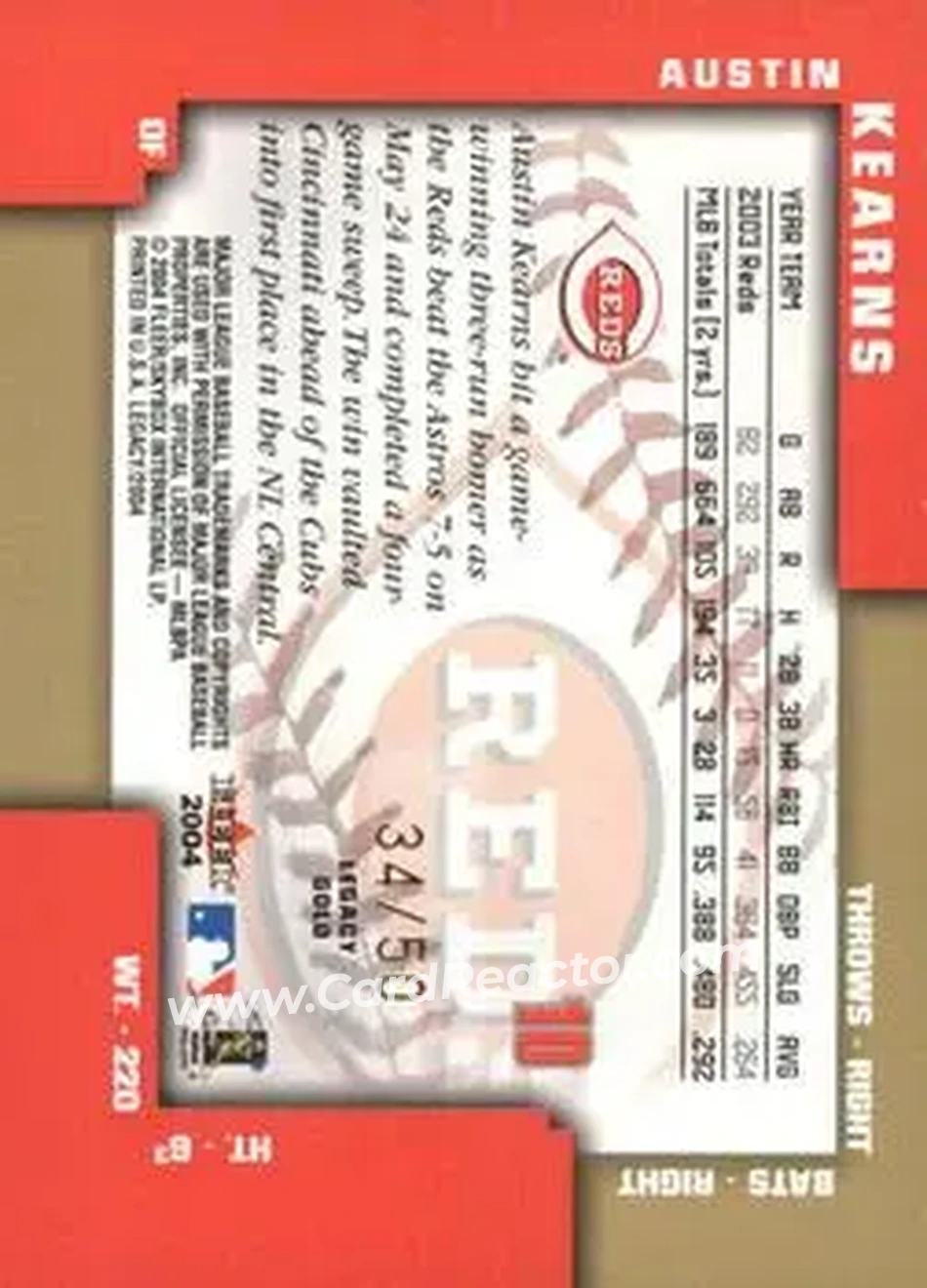 2004 Fleer Legacy - Gold #10 - Austin Kearns - Cincinnati Reds - Back