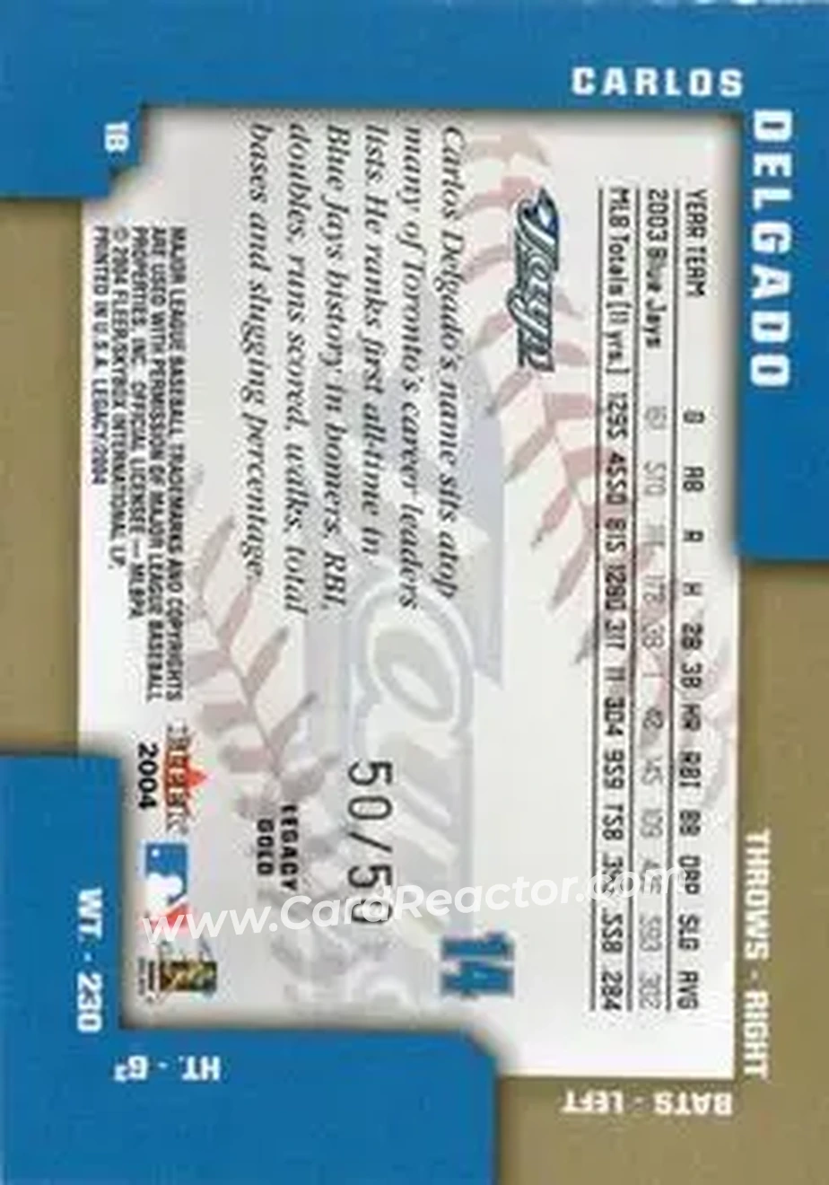 2004 Fleer Legacy - Gold #14 - Carlos Delgado - Toronto Blue Jays - Back