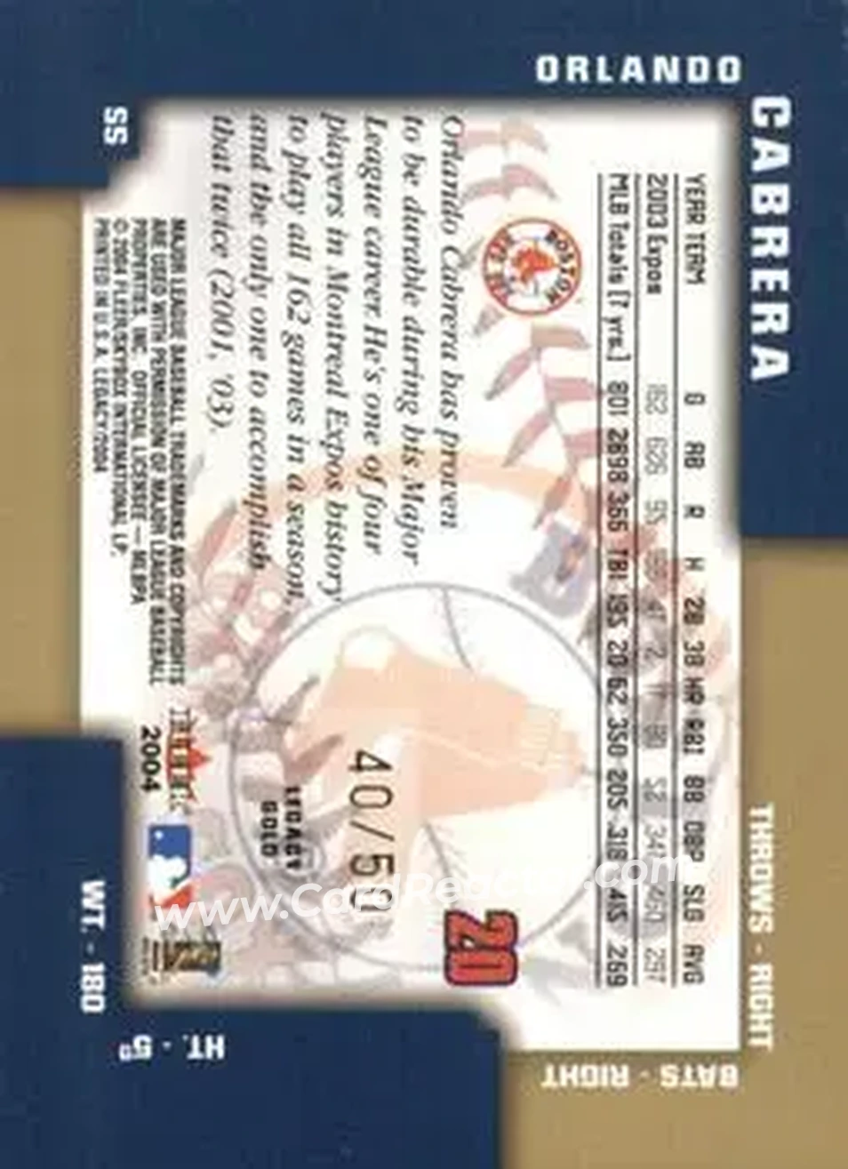 2004 Fleer Legacy - Gold #20 - Orlando Cabrera - Boston Red Sox - Back