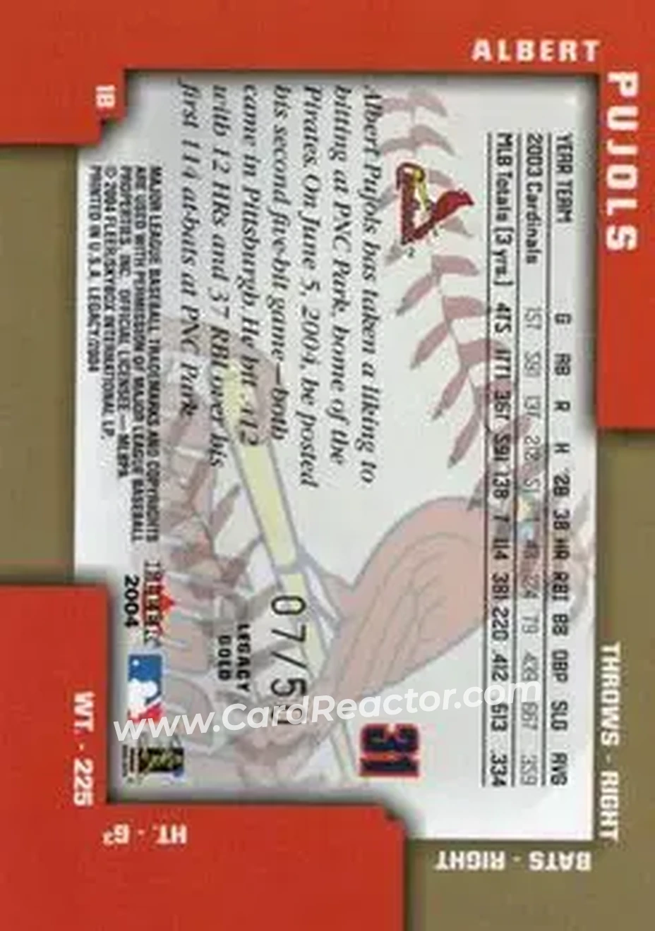 2004 Fleer Legacy - Gold #31 - Albert Pujols - St. Louis Cardinals - Back 2004 Fleer Legacy - Gold #31 - Albert Pujols - St. Louis Cardinals - Back