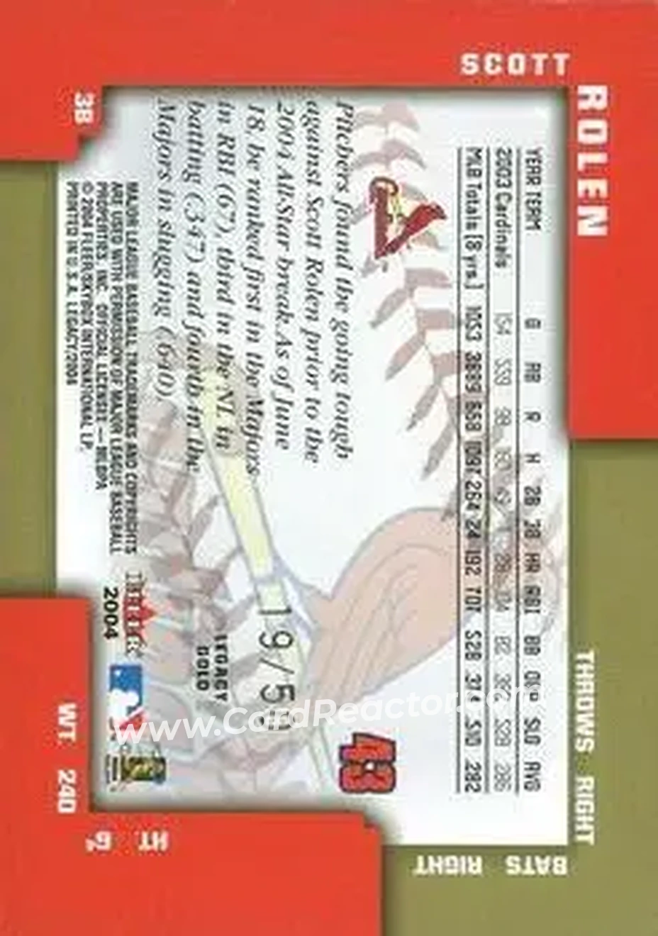 2004 Fleer Legacy - Gold #43 - Scott Rolen - St. Louis Cardinals - Back