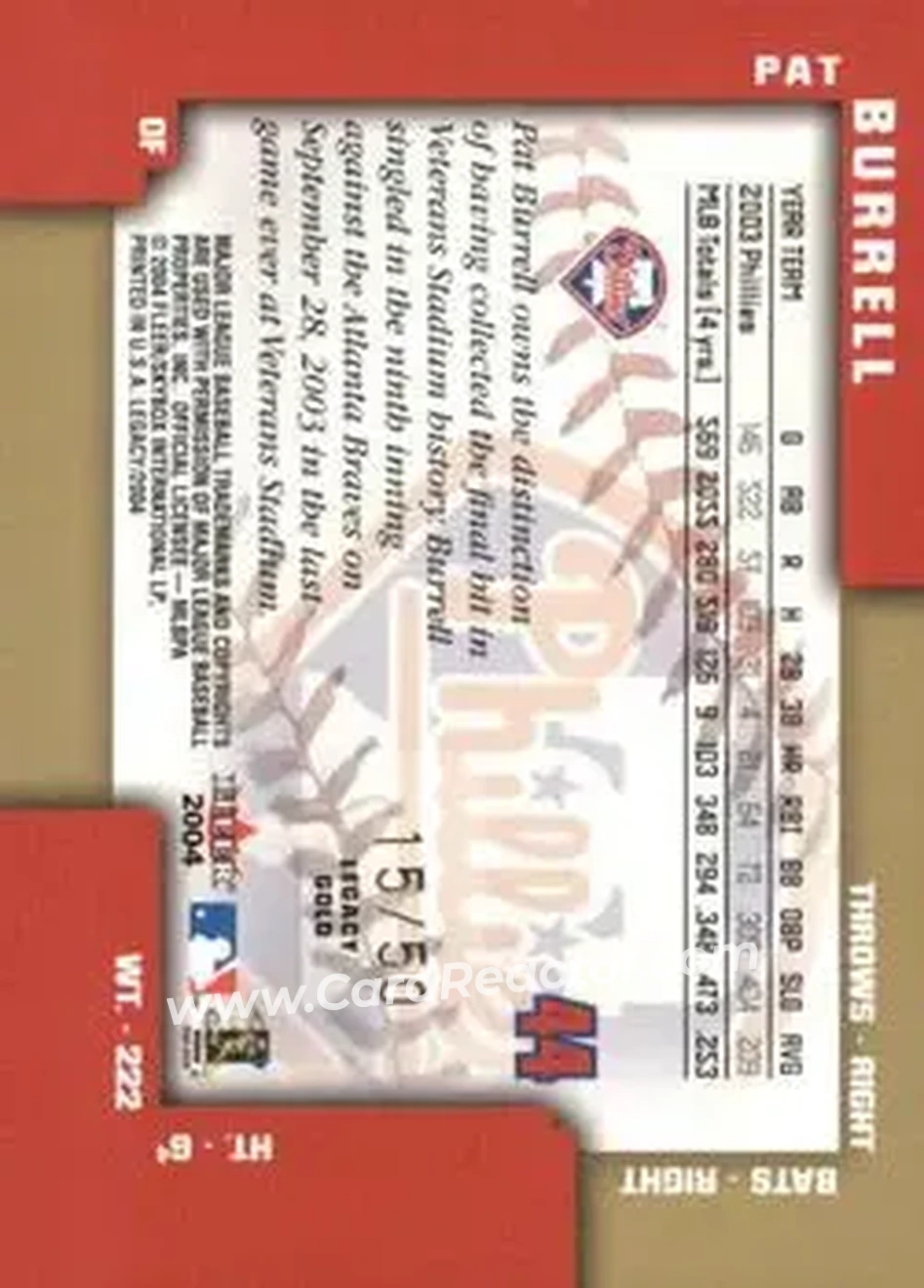 2004 Fleer Legacy - Gold #44 - Pat Burrell - Philadelphia Phillies - Back 2004 Fleer Legacy - Gold #44 - Pat Burrell - Philadelphia Phillies - Back