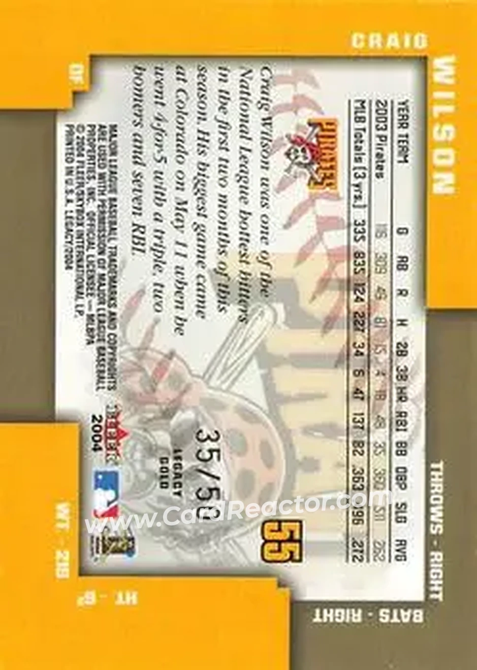 2004 Fleer Legacy - Gold #55 - Craig Wilson - Pittsburgh Pirates - Back 2004 Fleer Legacy - Gold #55 - Craig Wilson - Pittsburgh Pirates - Back