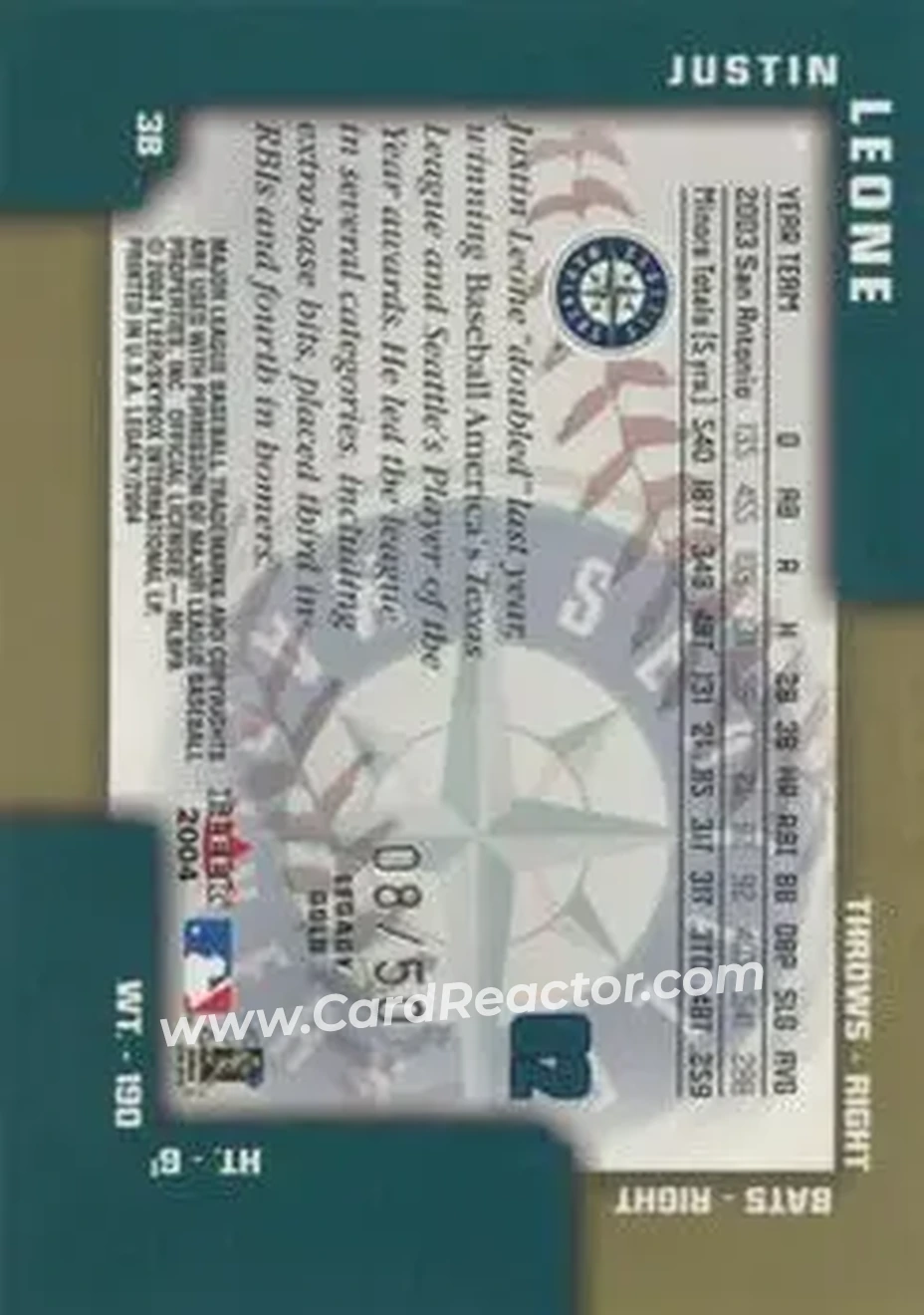 2004 Fleer Legacy - Gold #62 - Justin Leone - Seattle Mariners - Back