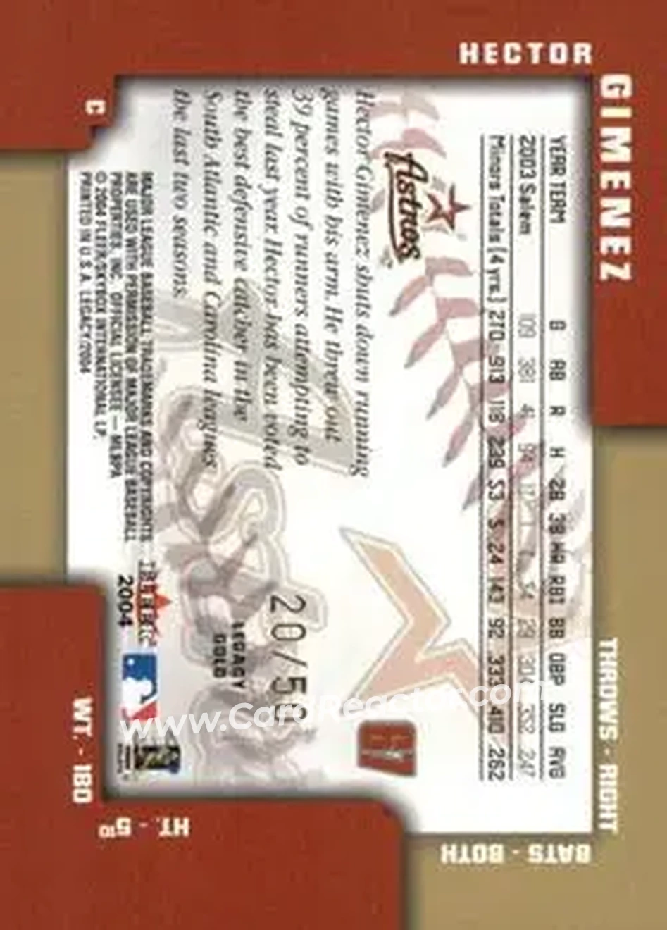2004 Fleer Legacy - Gold #67 - Hector Gimenez - Houston Astros - Back 2004 Fleer Legacy - Gold #67 - Hector Gimenez - Houston Astros - Back