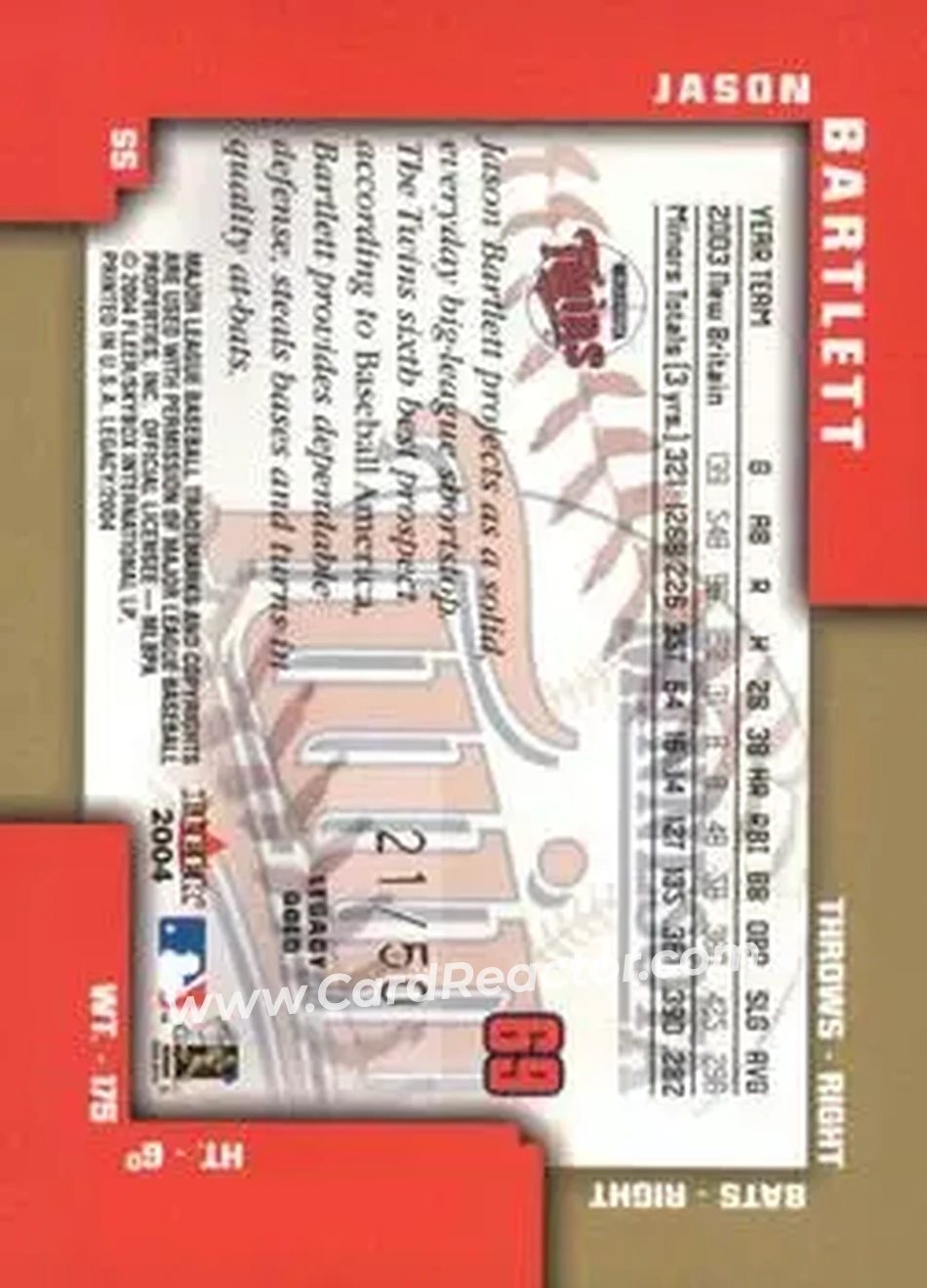 2004 Fleer Legacy - Gold #69 - Jason Bartlett - Minnesota Twins - Back 2004 Fleer Legacy - Gold #69 - Jason Bartlett - Minnesota Twins - Back